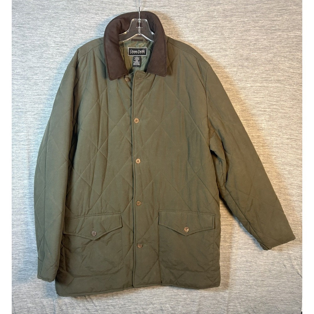 Vintage Ocean Pacific Menswear Quilted Barn Chore Coat Green Brown Collar Size L